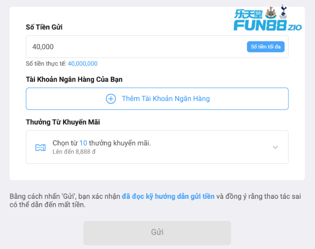 Hướng Dẫn Nạp Tiền Fun88 Mới Nhất, Nhận Thưởng Lên Đến 14,364 Điểm 2 Giao diện khi nạp tiền Fun88 qua ngân hàng địa phương